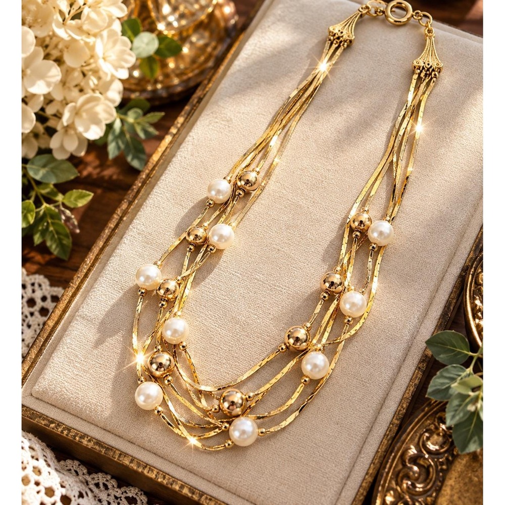 Gold Tone Multi Strand Necklace Faux Pearl Layered Necklace Costume Jewelry